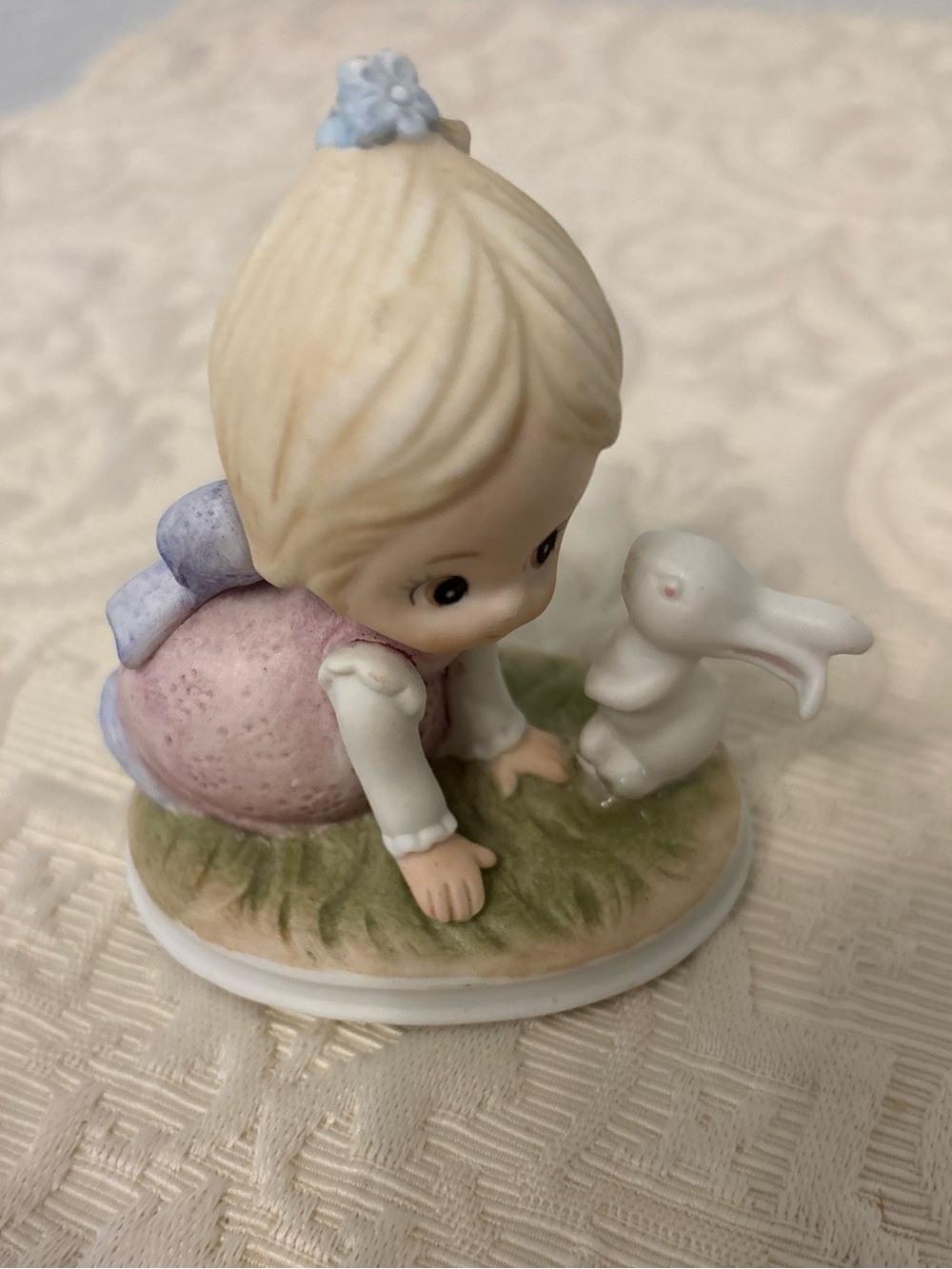 Vintage Lefton Porcelain Little Girl with Bunny Rabbit Figurine 1985